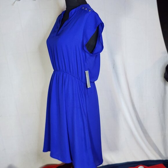 Sweet Rain Blue SS V Neck Poly Silver Button Shoulder Peplum Midi Dress Jr Sz L - Picture 8 of 16